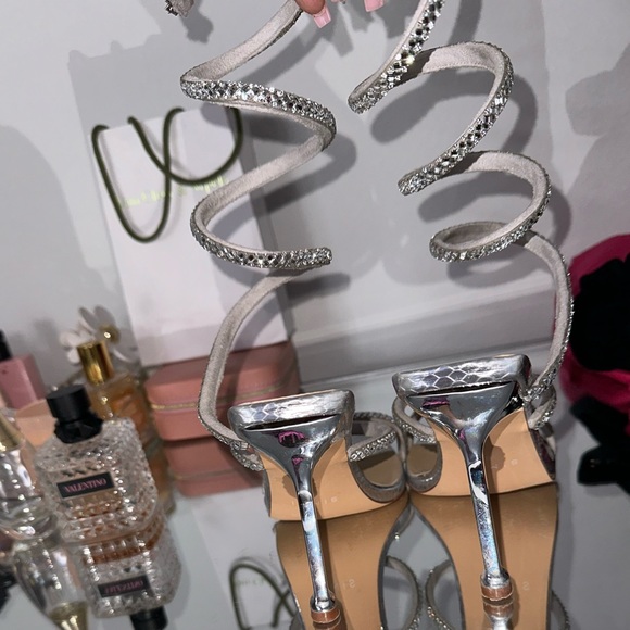 SILVER MIRROR FAUX SNAKE PRINT DIAMANTE SPIRAL STILETTO HEELS -worn once - Picture 7 of 8